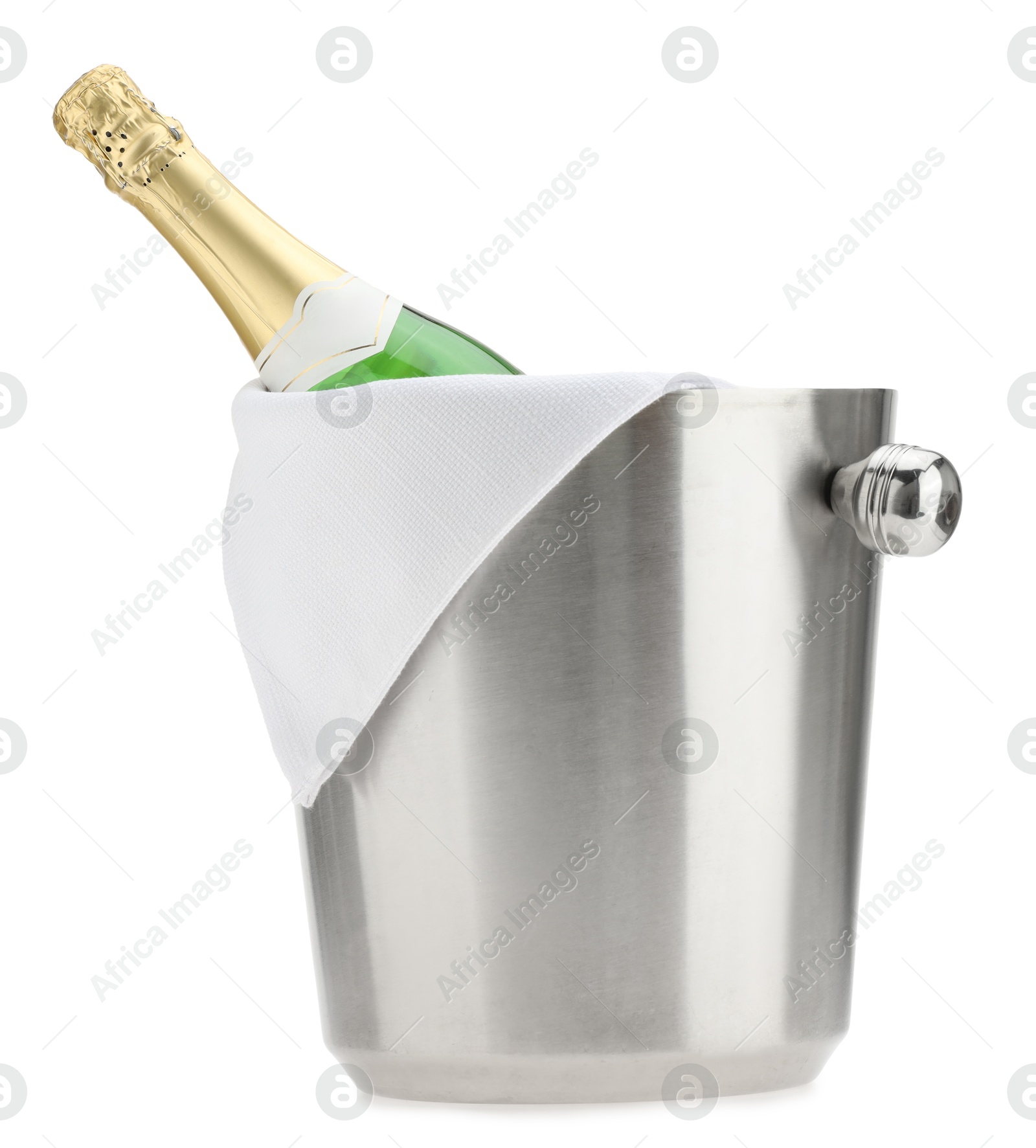 Photo of Bottle of champagne in ice bucket isolated on white