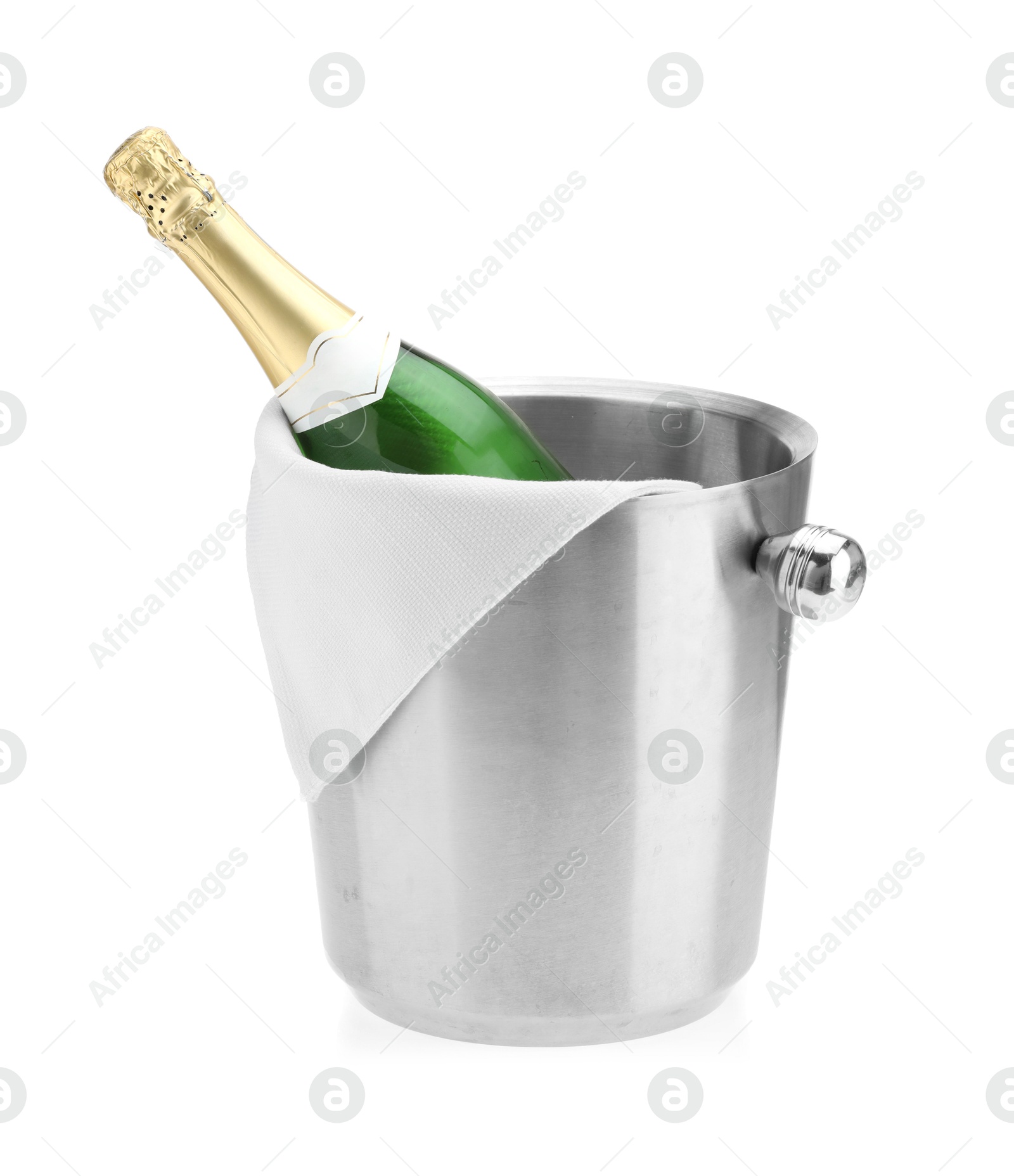 Photo of Bottle of champagne in ice bucket isolated on white