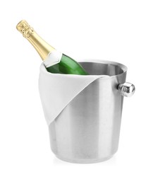 Bottle of champagne in ice bucket isolated on white