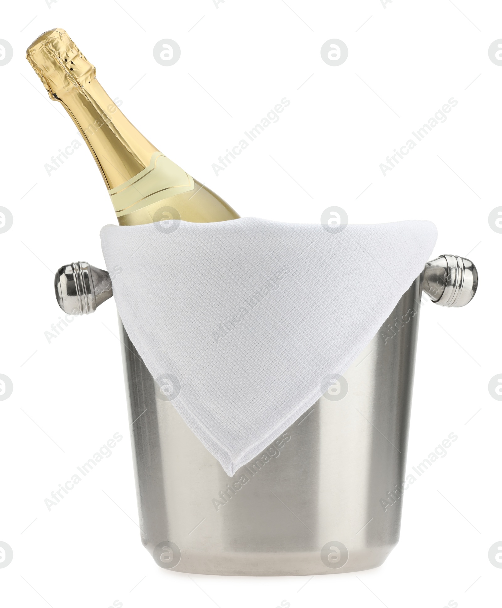 Photo of Bottle of champagne in ice bucket isolated on white