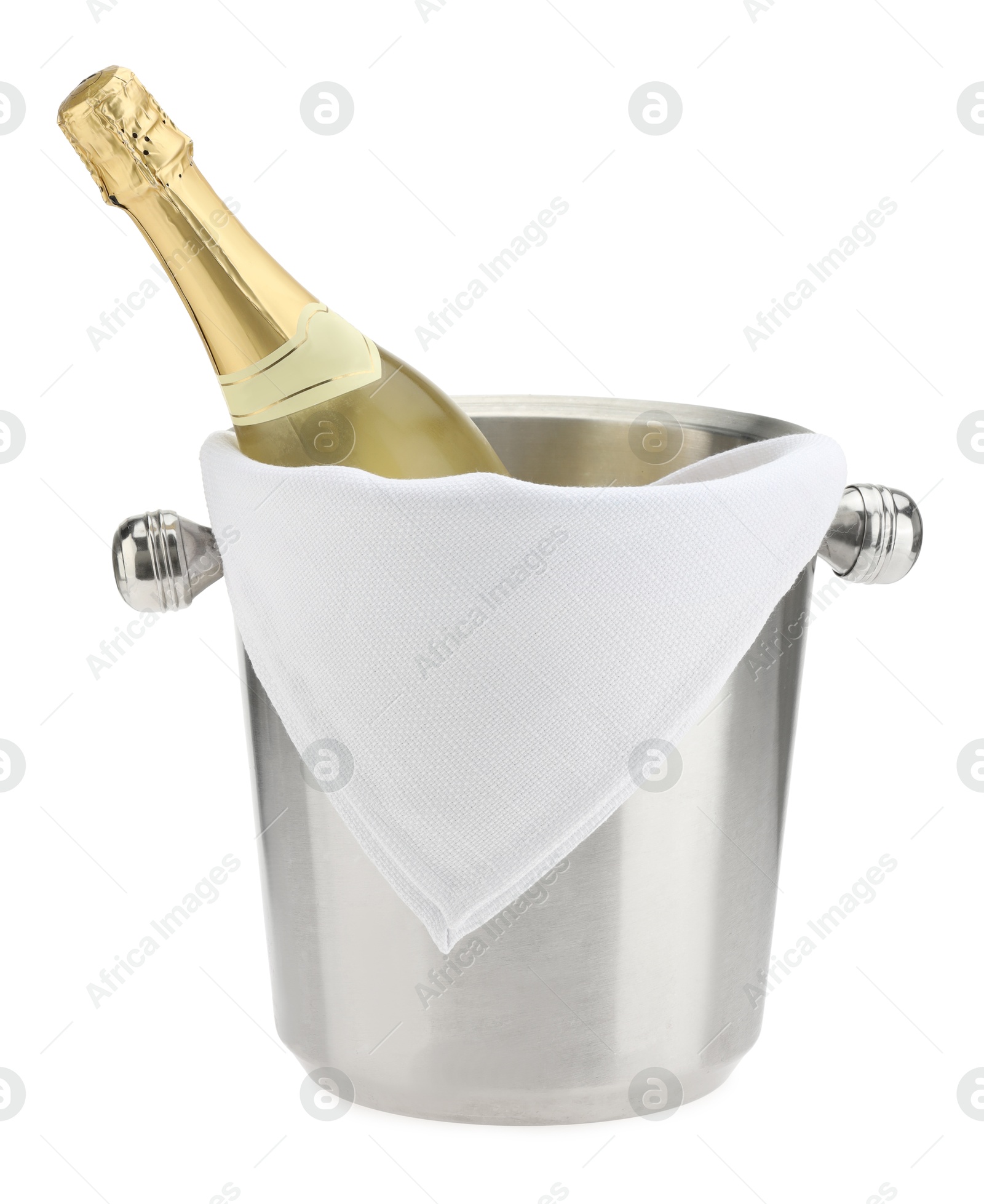 Photo of Bottle of champagne in ice bucket isolated on white