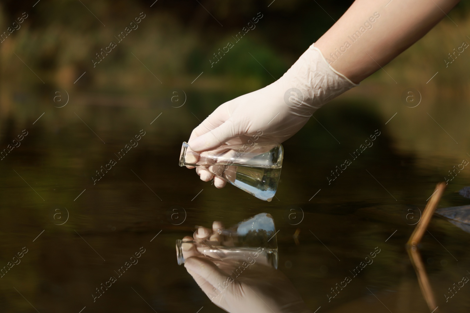 Photo of Examination of water quality. Researcher taking water sample from lake outdoors, closeup