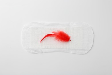 Photo of Menstrual pad with red feather on white background, top view