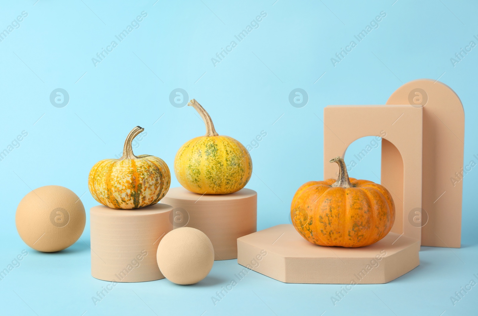 Photo of Fresh pumpkins on podiums against light blue background