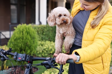 Photo of Woman with bicycle and cute Toy Poodle dog outdoors