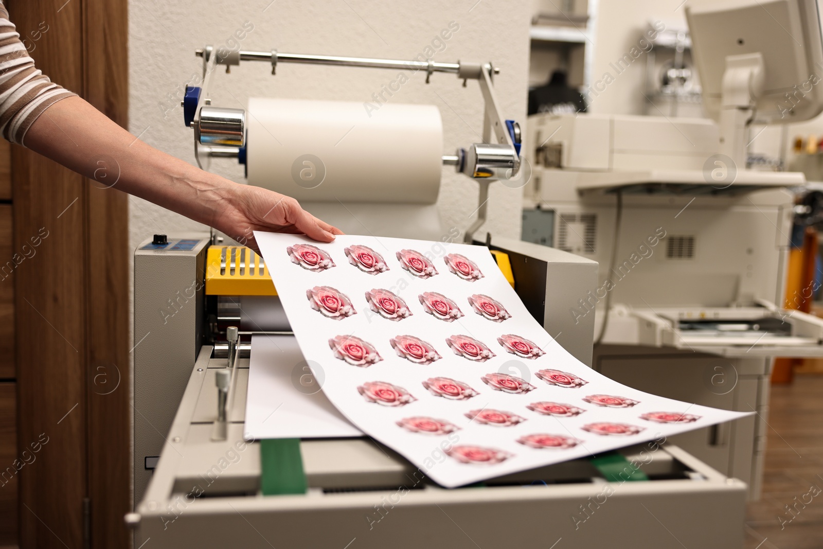 Photo of Woman with printed flower stickers indoors, closeup. Printing house