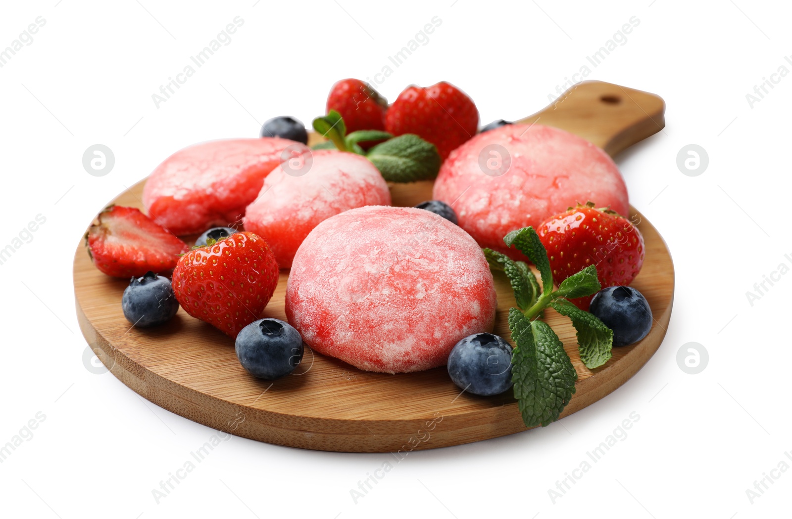 Photo of Delicious mochi, strawberries, blueberries and mint isolated on white