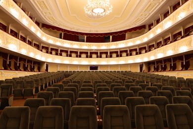 Photo of Rows of gray comfortable seats in theatre