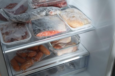 Photo of Different frozen meat and fish products in fridge, closeup