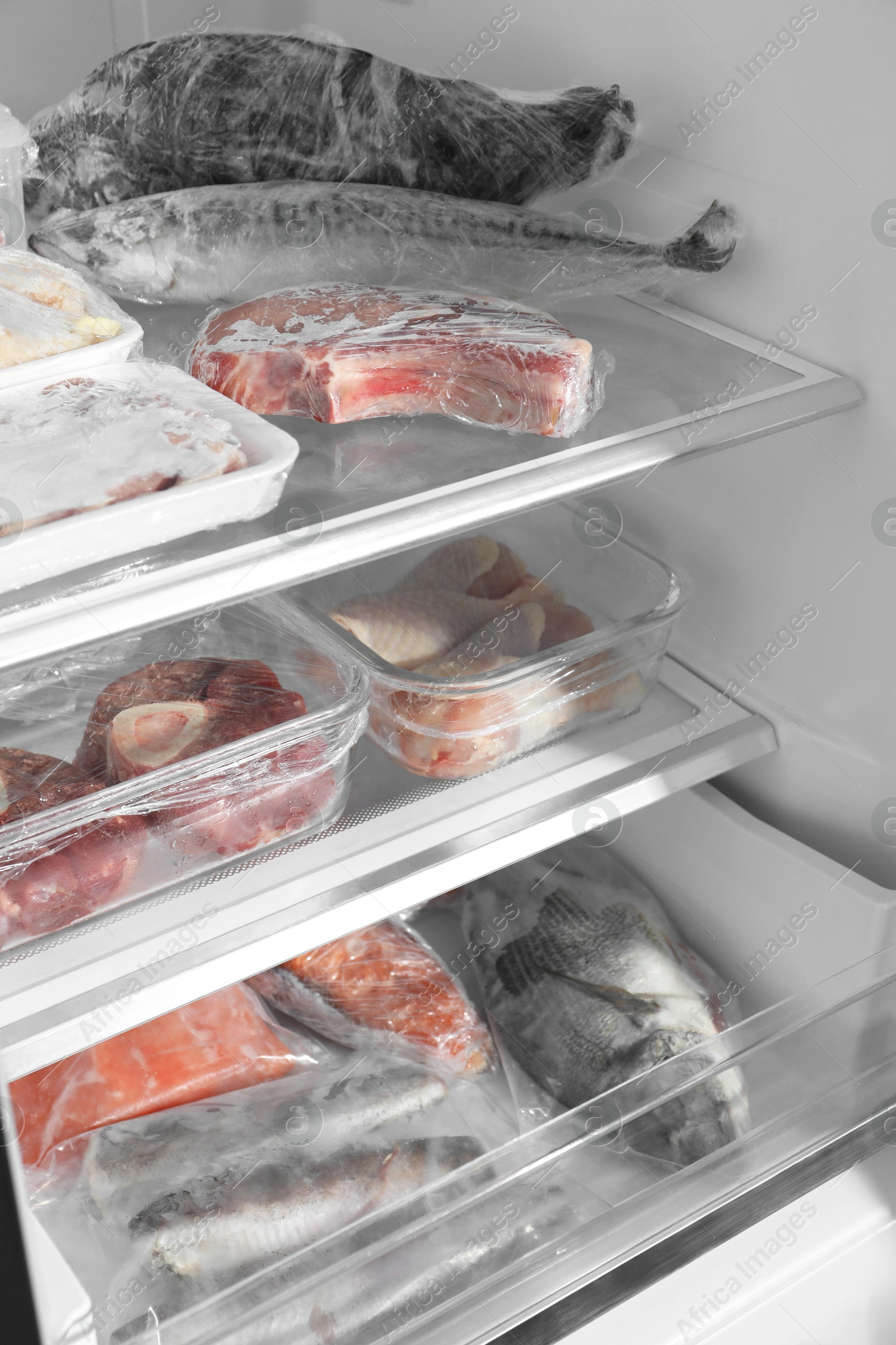 Photo of Different frozen meat and fish products in fridge