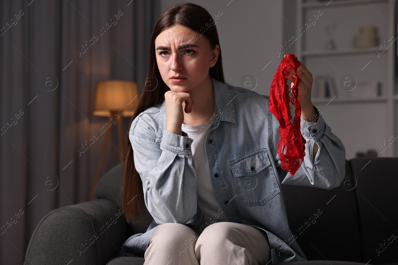 Photo of Frustrated wife with mistress panties alone at home