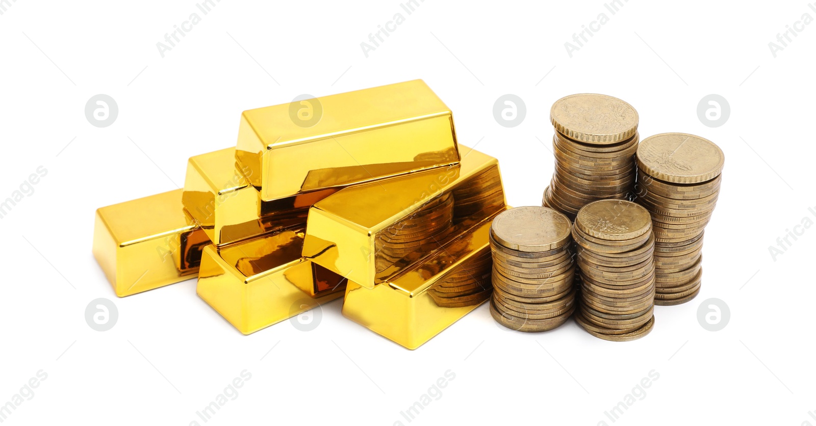 Photo of Gold bars and coins isolated on white