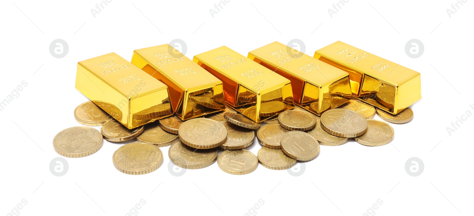 Photo of Gold bars and coins isolated on white