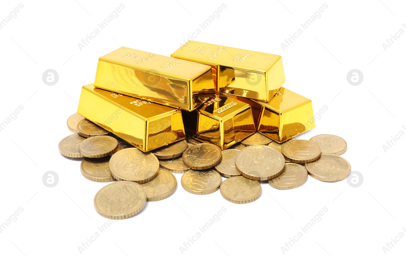 Photo of Gold bars and coins isolated on white