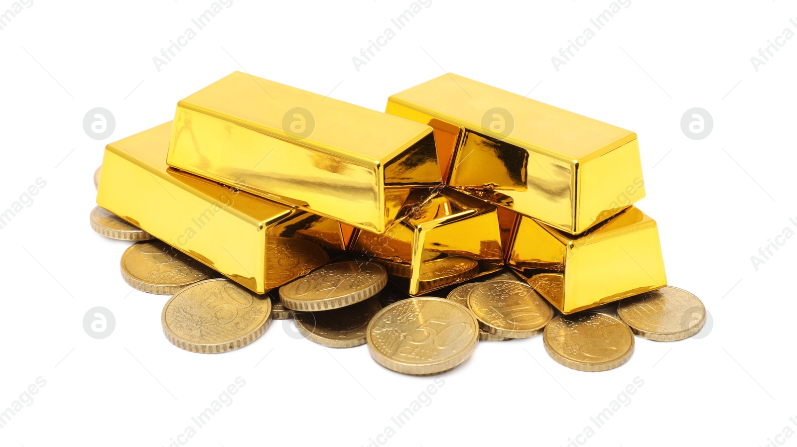 Photo of Gold bars and coins isolated on white