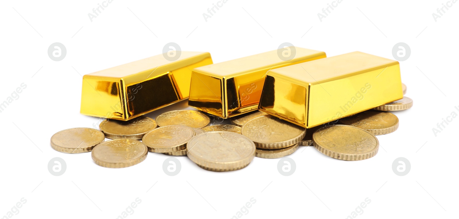 Photo of Gold bars and coins isolated on white