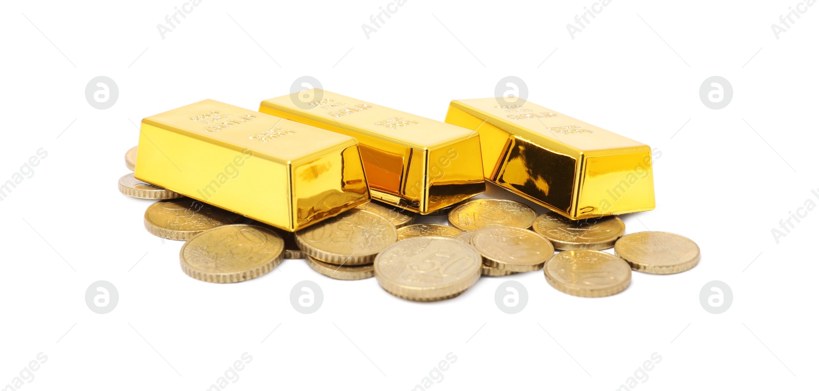 Photo of Gold bars and coins isolated on white