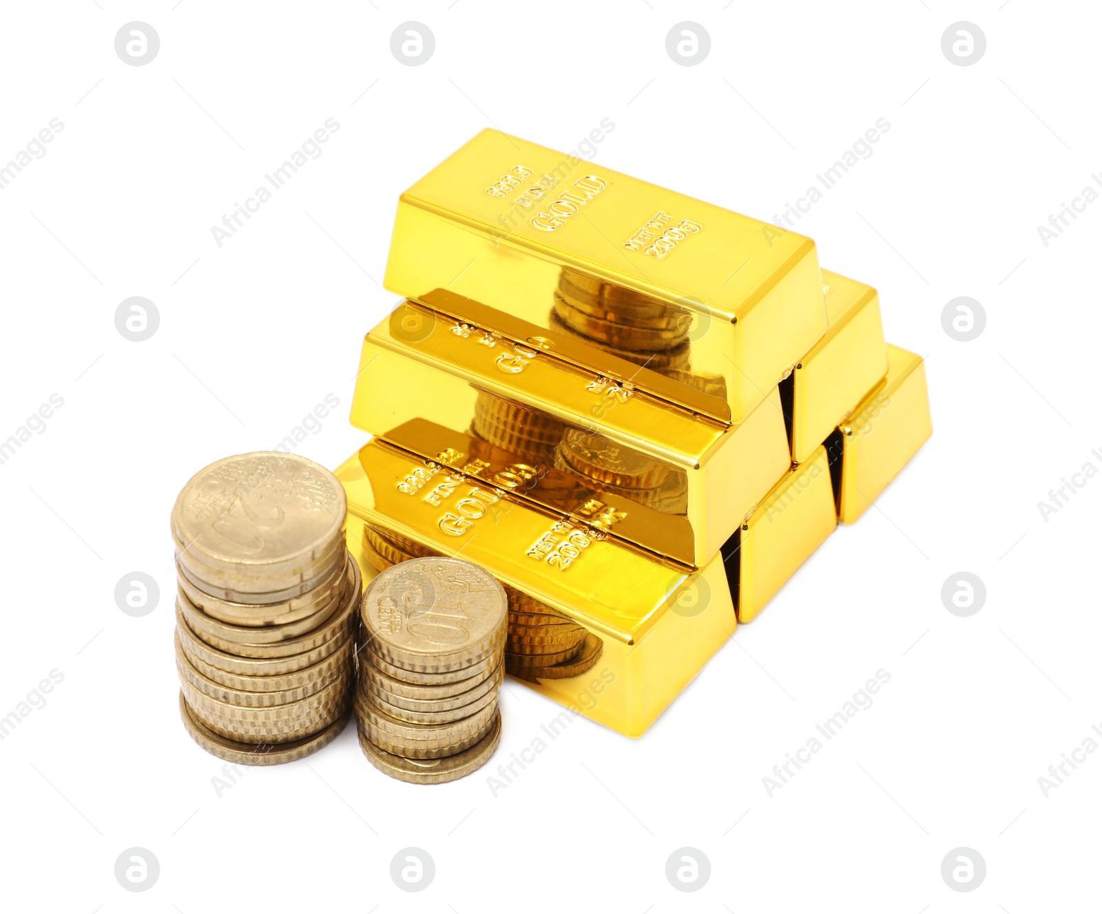 Photo of Gold bars and coins isolated on white