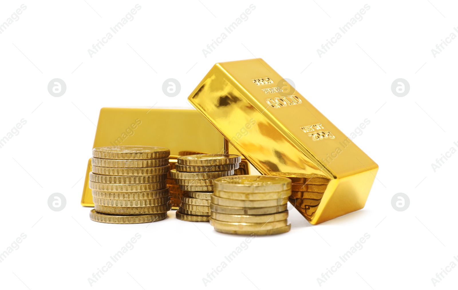 Photo of Gold bars and coins isolated on white