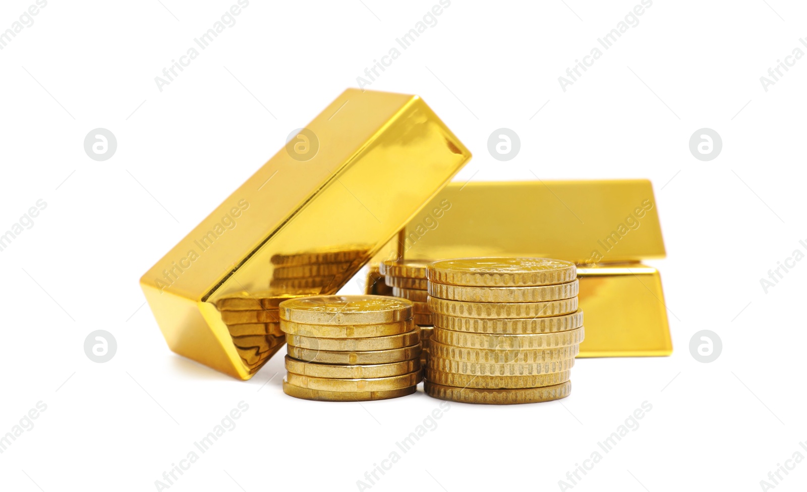 Photo of Gold bars and coins isolated on white