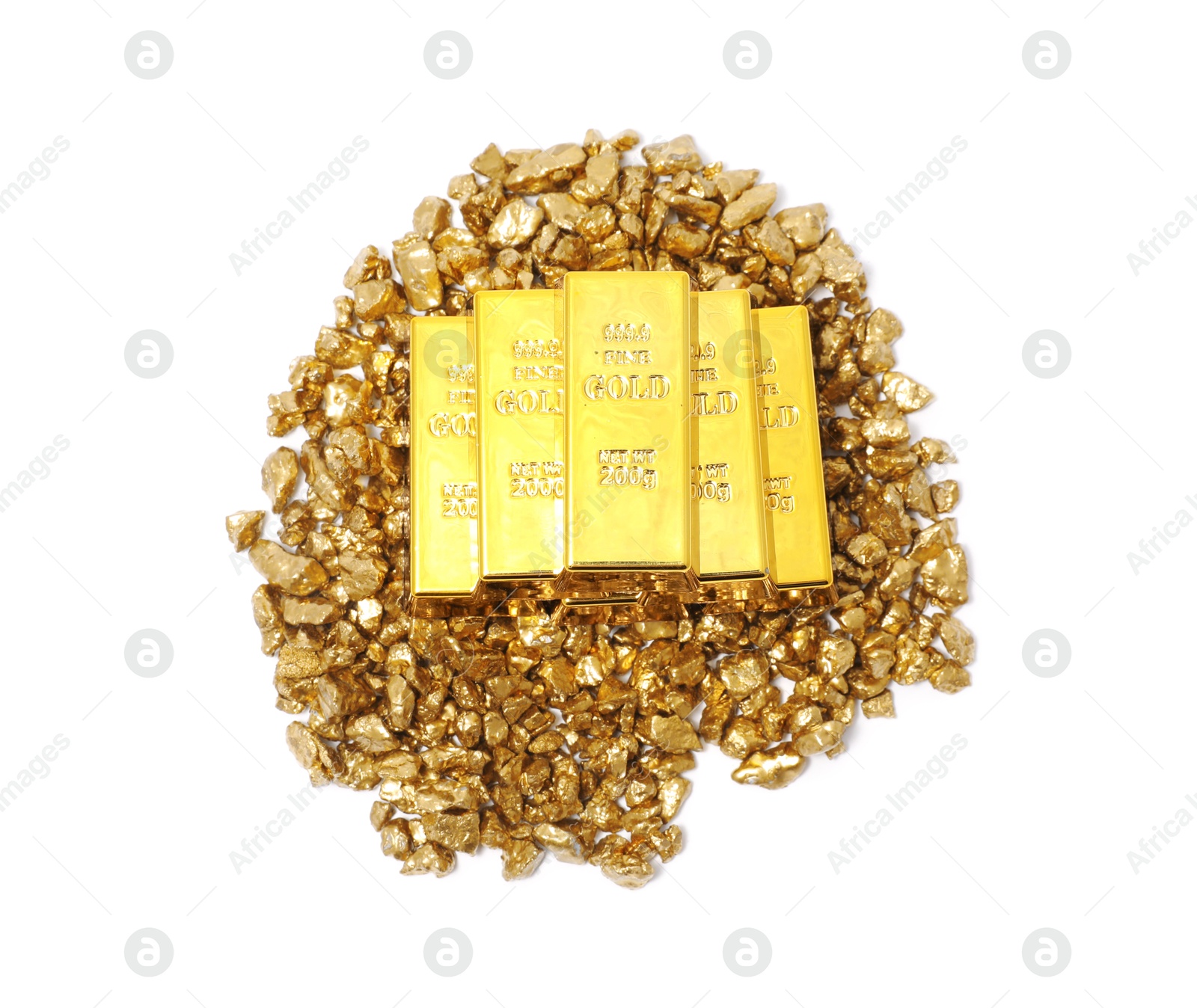 Photo of Gold nuggets and bars isolated on white, top view