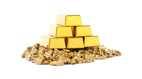 Photo of Gold nuggets and bars isolated on white