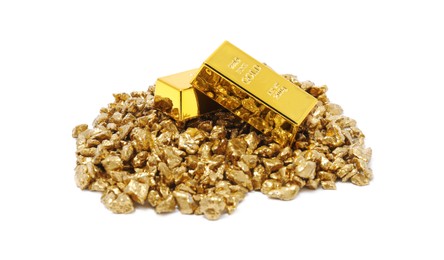 Photo of Gold nuggets and bars isolated on white