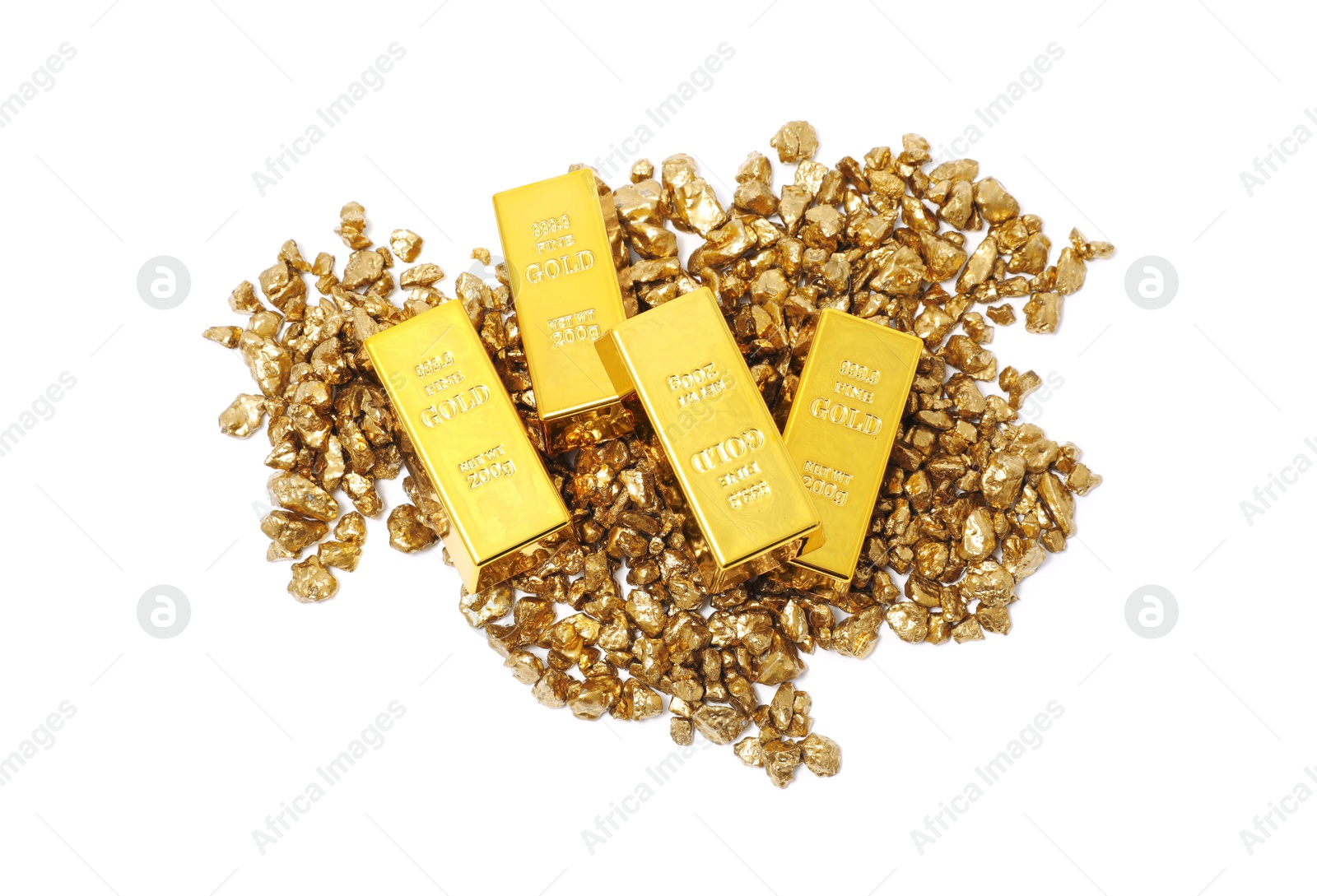 Photo of Gold nuggets and bars isolated on white, top view