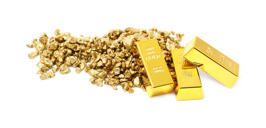 Photo of Gold nuggets and bars isolated on white