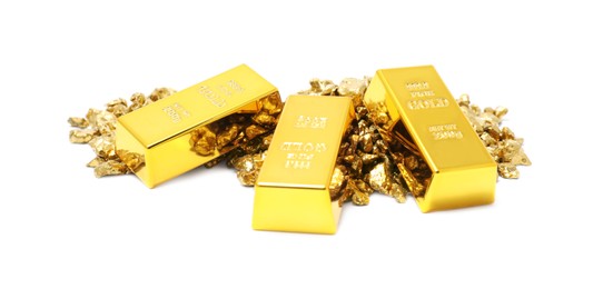 Photo of Gold nuggets and bars isolated on white