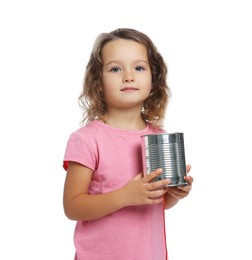 Photo of Girl using tin can telephone on white background