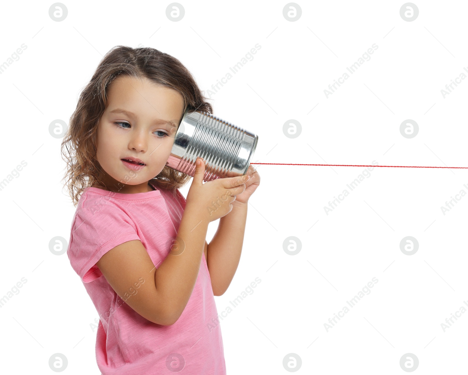 Photo of Girl using tin can telephone on white background