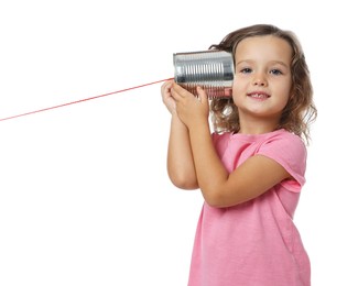 Photo of Girl using tin can telephone on white background