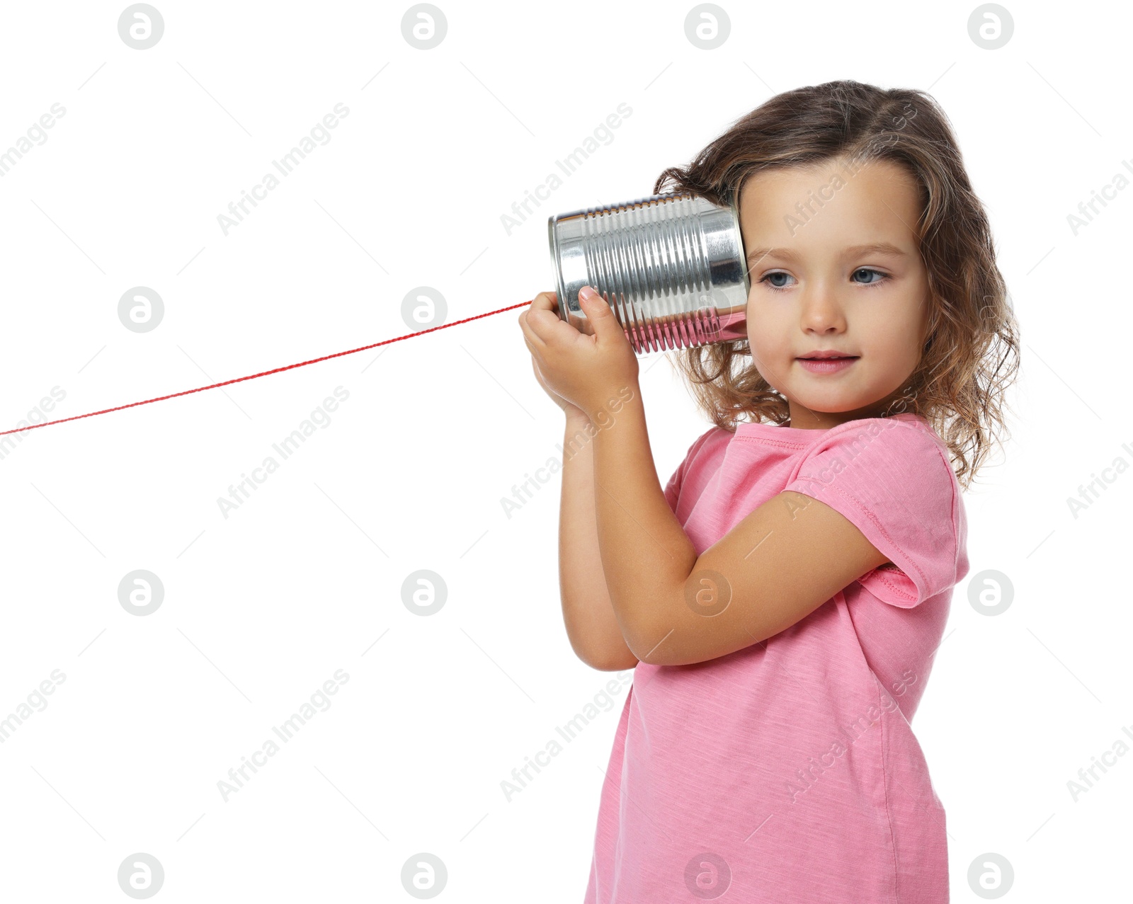 Photo of Girl using tin can telephone on white background