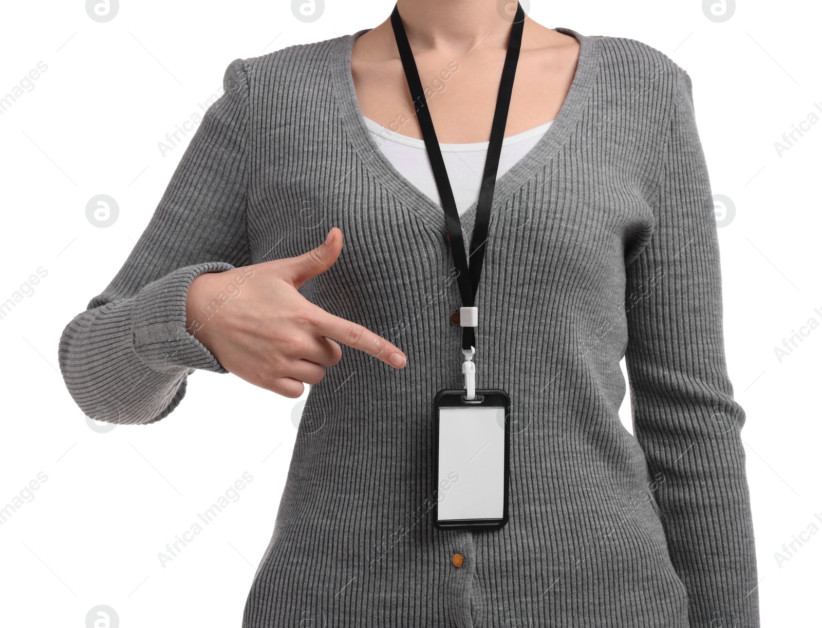 Photo of Woman with blank badge on white background, closeup