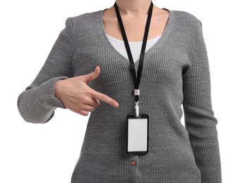 Photo of Woman with blank badge on white background, closeup