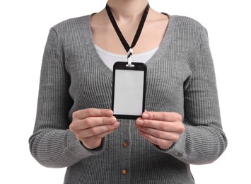 Photo of Woman with blank badge on white background, closeup