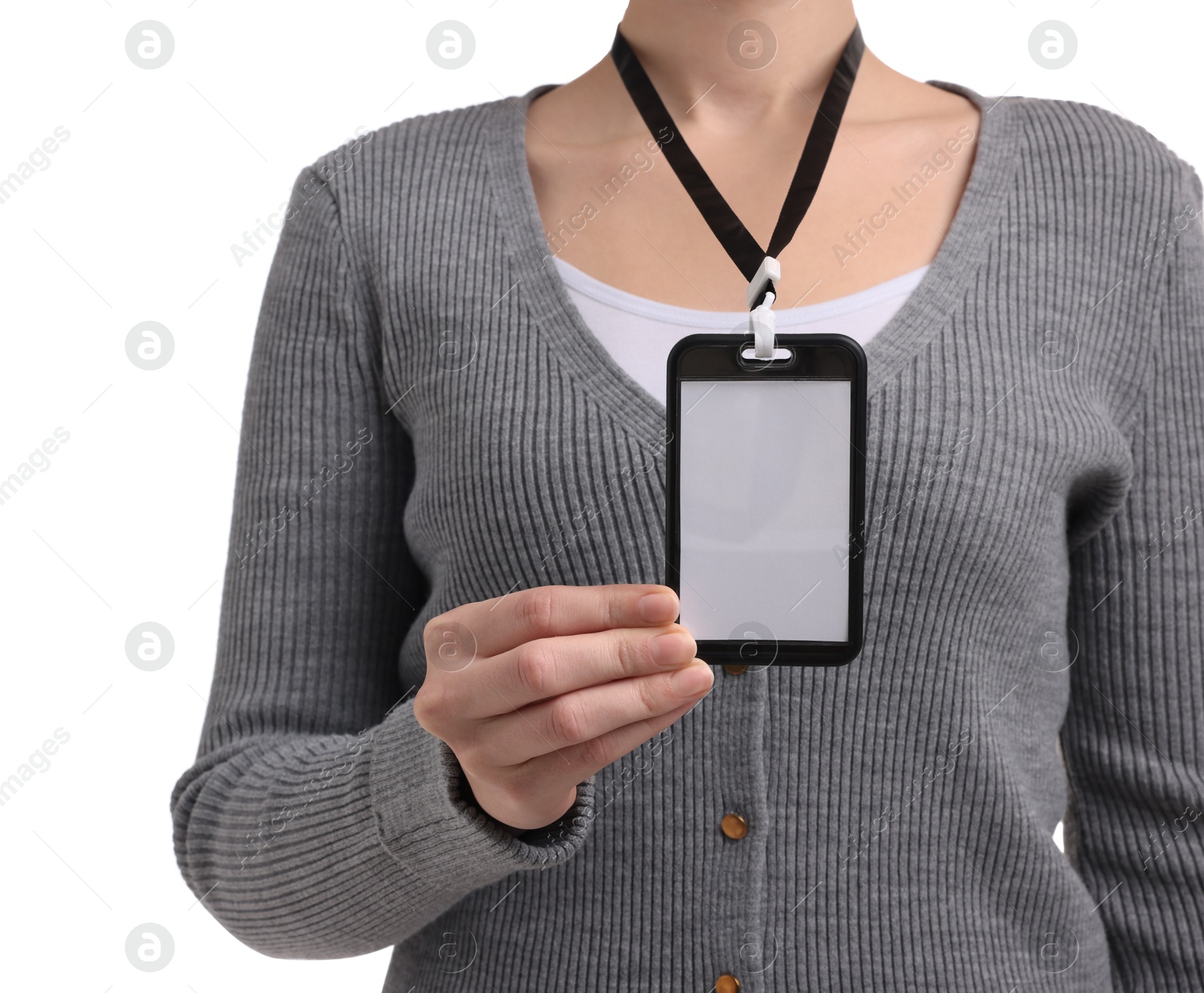 Photo of Woman with blank badge on white background, closeup