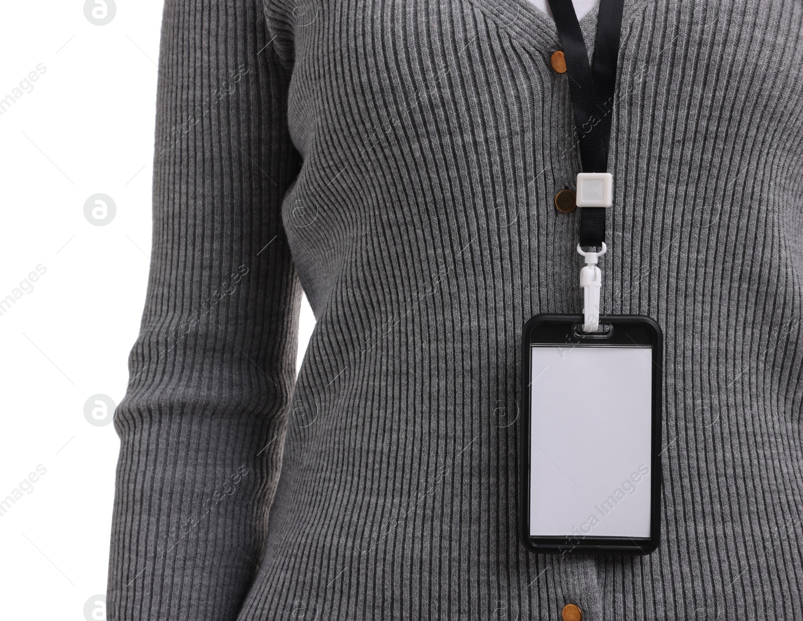 Photo of Woman with blank badge on white background, closeup