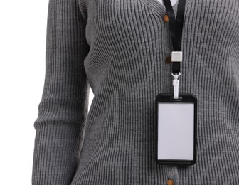 Photo of Woman with blank badge on white background, closeup