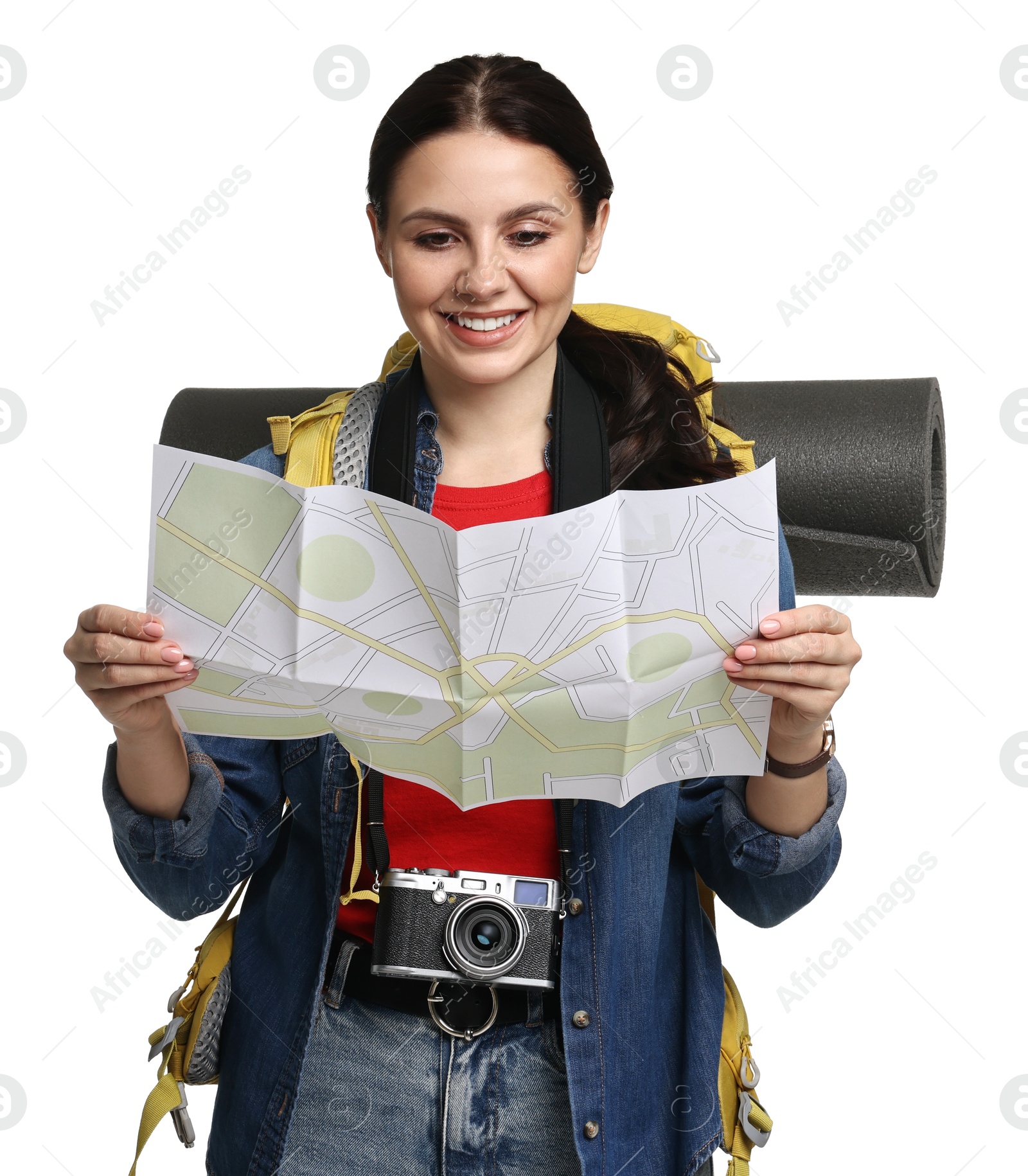 Photo of Young tourist with backpack and map on white background