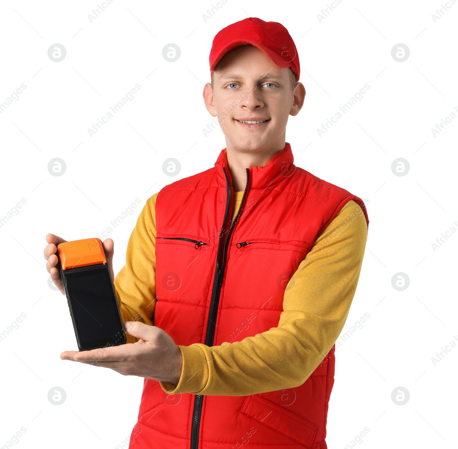 Photo of Happy courier with payment terminal on white background