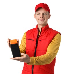 Happy courier with payment terminal on white background