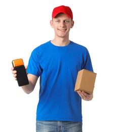 Happy courier with payment terminal and parcel on white background