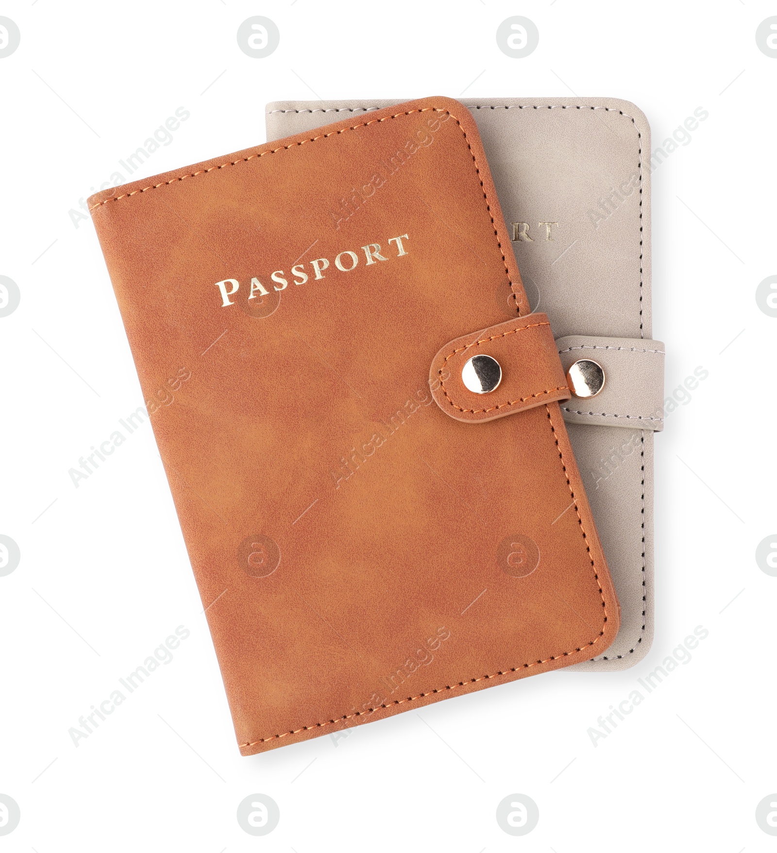 Photo of Passports in bright covers isolated on white, top view