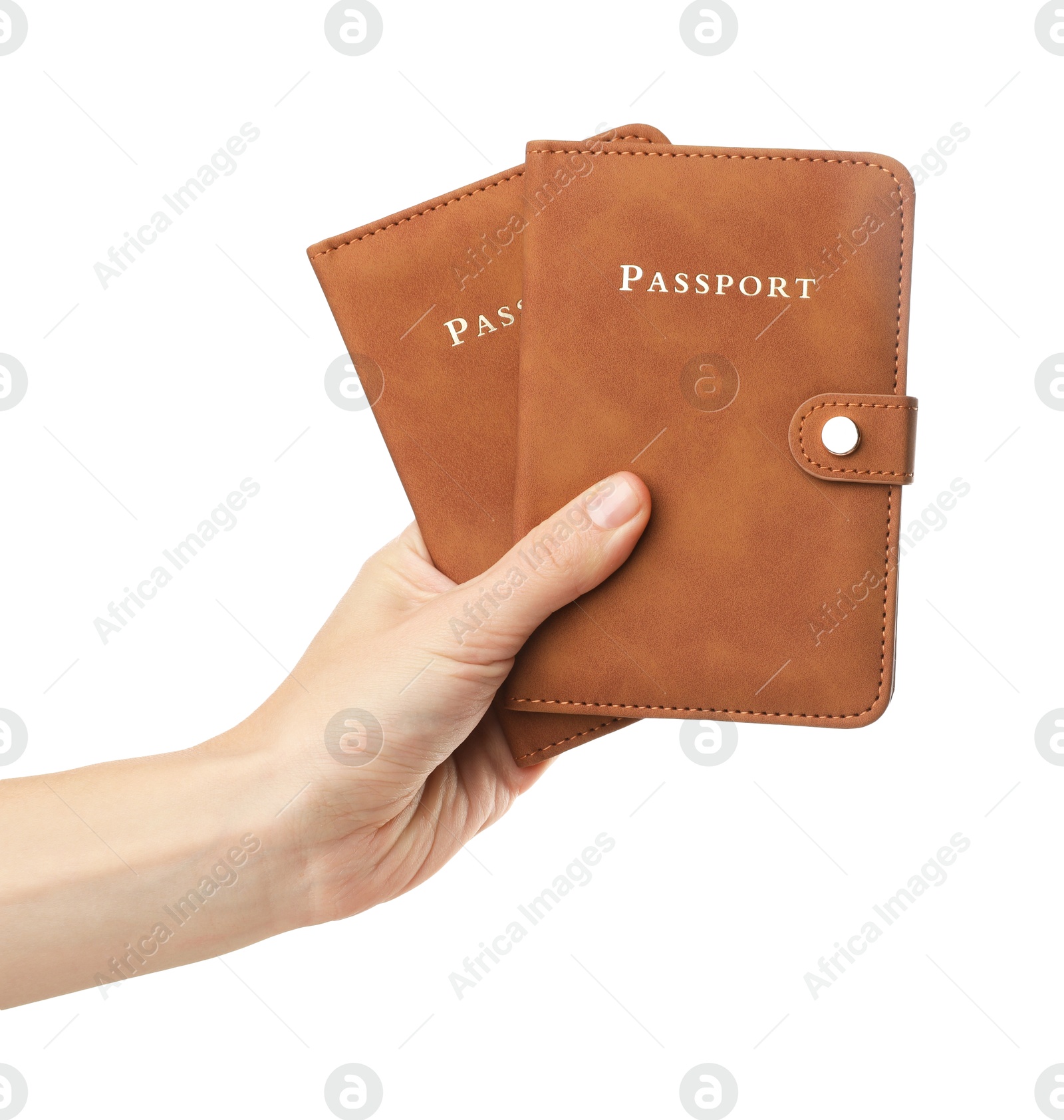 Photo of Woman holding passports in bright covers on white background, closeup