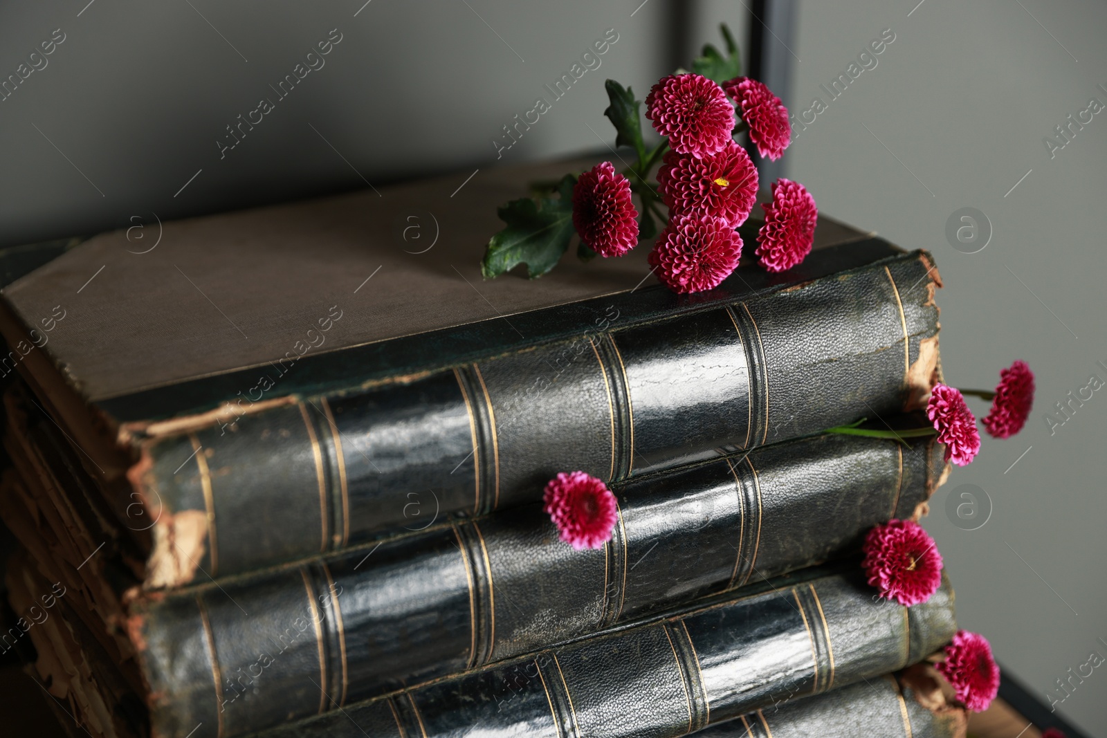 Photo of Stack of books and beautiful flowers near grey wall, closeup