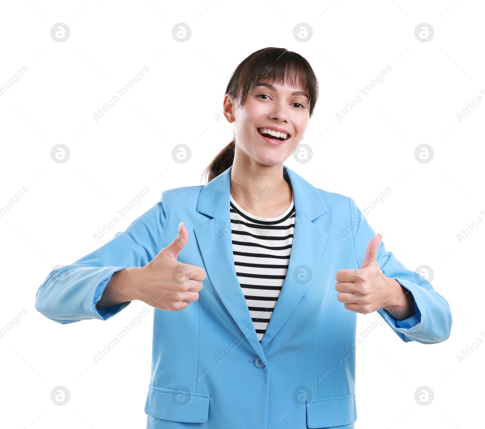 Photo of Happy woman showing thumbs up on white background. Like gesture