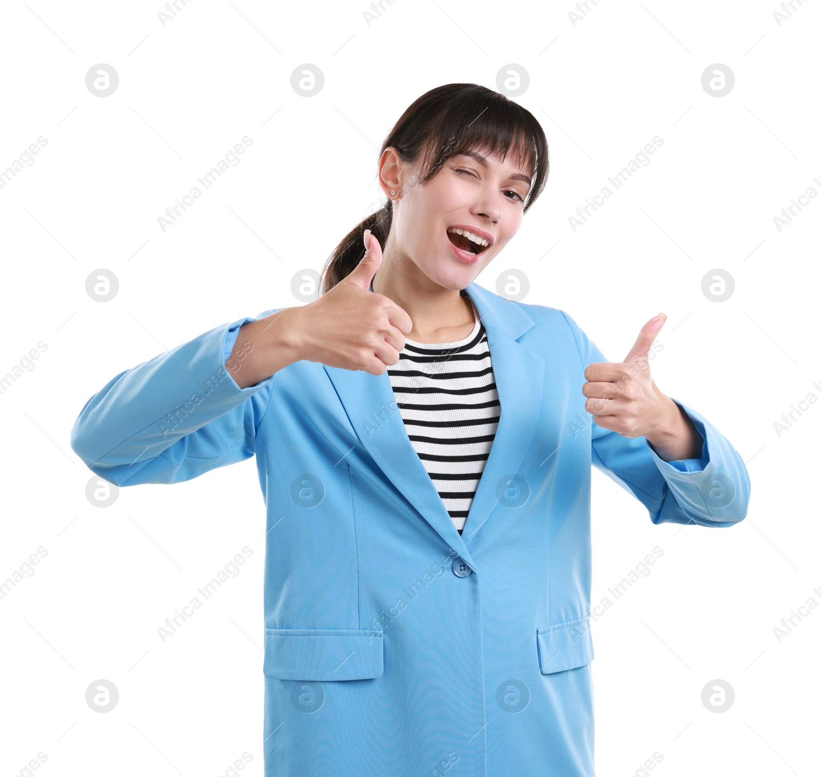 Photo of Happy woman showing thumbs up on white background. Like gesture