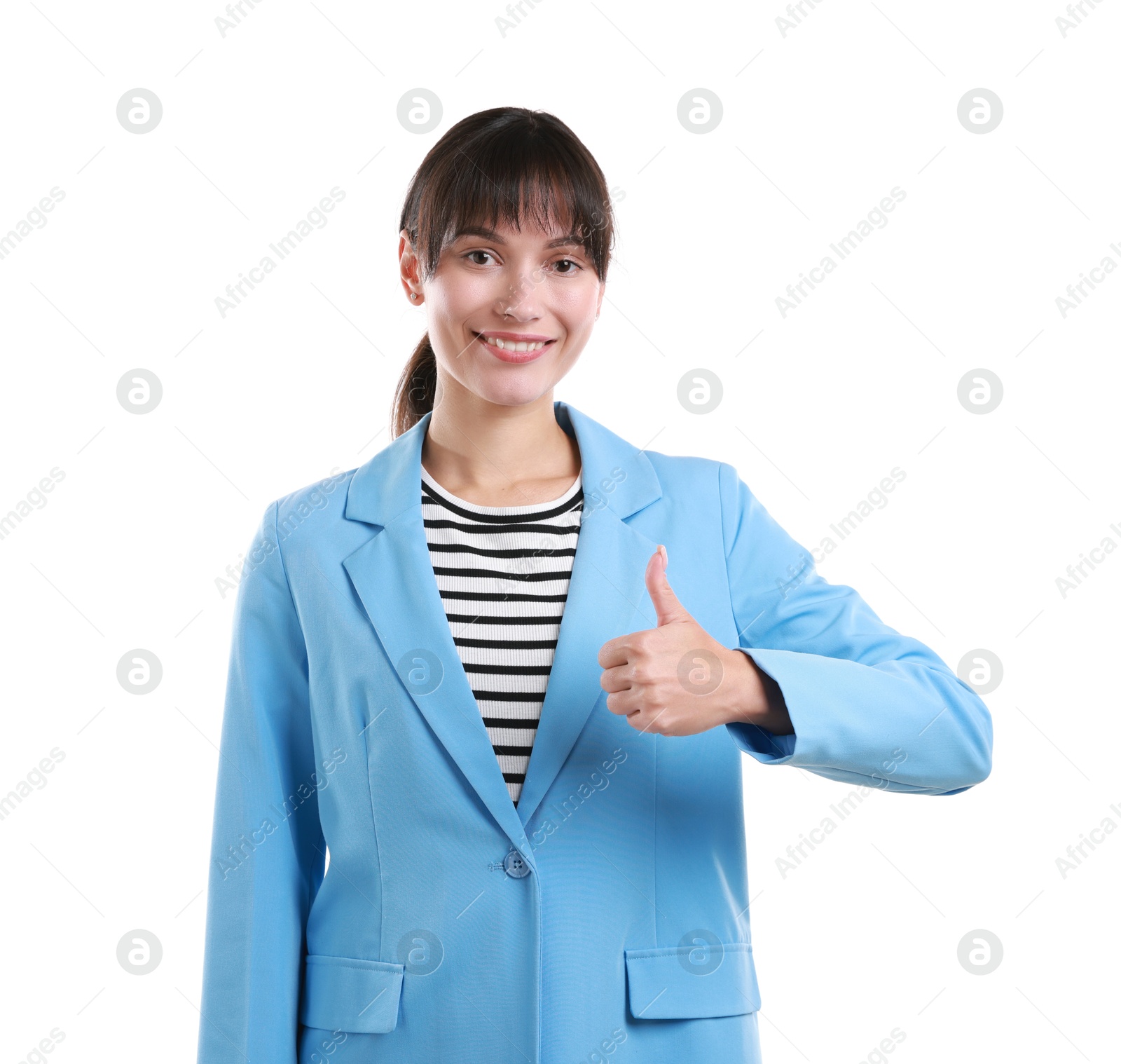 Photo of Happy woman showing thumbs up on white background. Like gesture